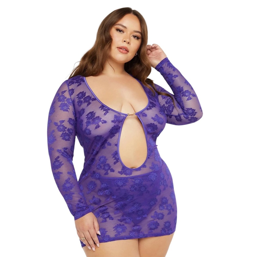 Savage‎ X Fenty Strap Up Long-Sleeve Lace Slip Romantic Purple Floral Size Large